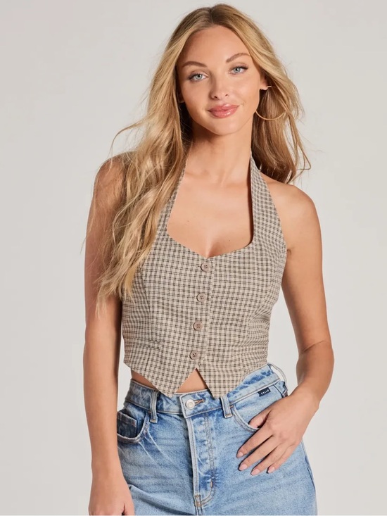 Windsor Tops - Keep On Charming Plaid Linen Cropped Vest